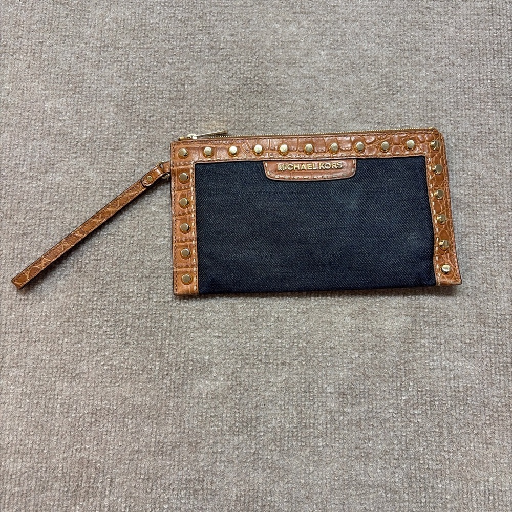 Michael Kors Studded Wristlet Wallet Brown Leather Trim Black Canvas Clutch
